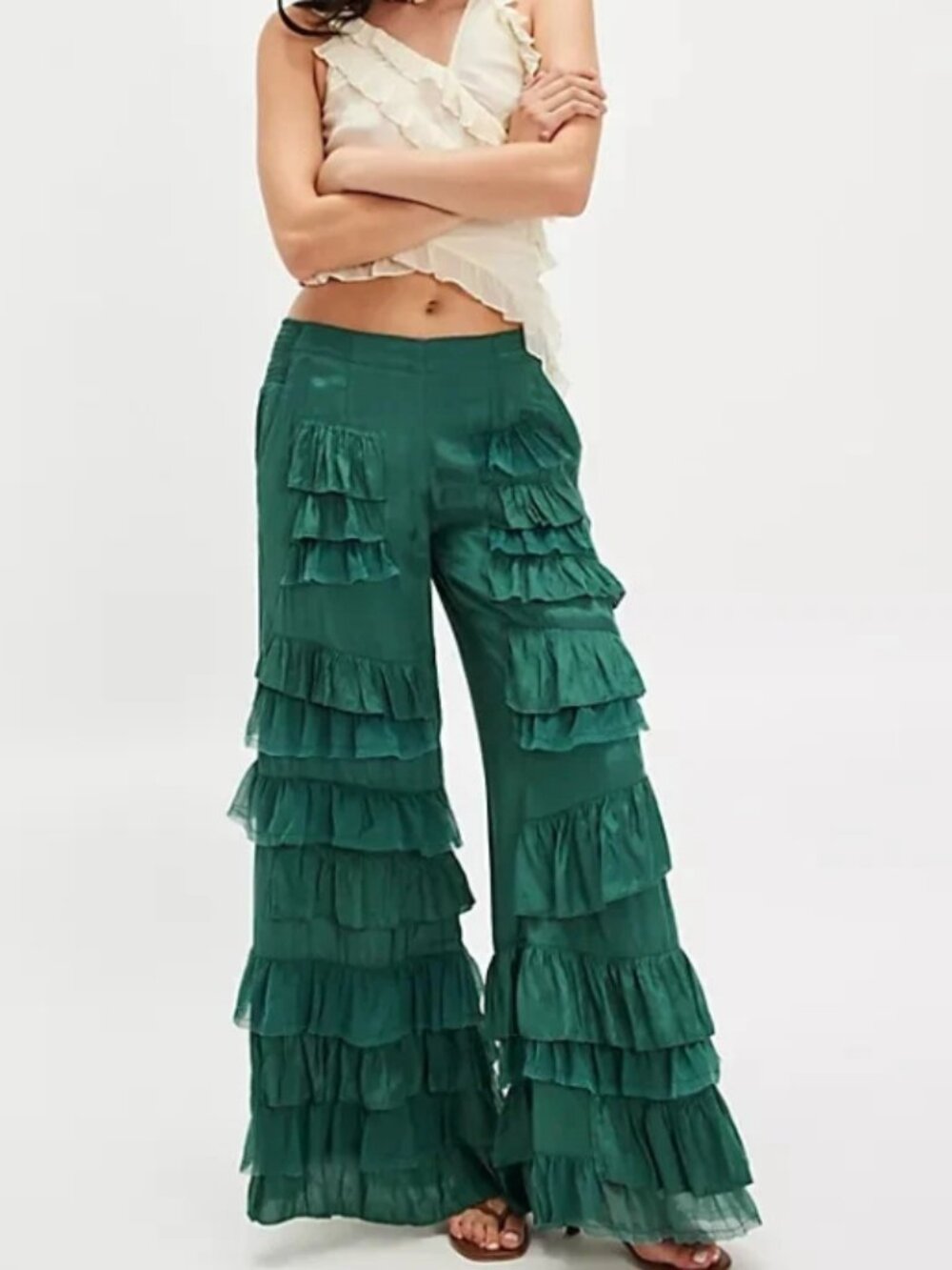 Free People Rock And Frill Trousers Pants Green Tiered Ruffle S